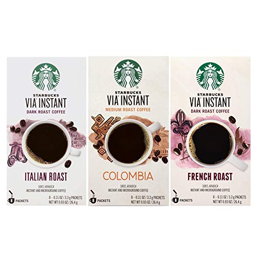 Starbucks Via Instant Coffee Bundle- 24 Packets--Italian Roast, Colombia, & French Roast