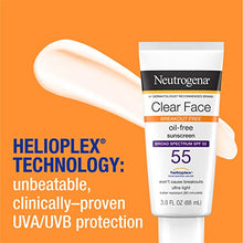 Load image into Gallery viewer, Neutrogena Clear Face Liquid Lotion Sunscreen for Acne-Prone Skin, Broad Spectrum SPF 55 with Helioplex Technology, Oil-Free, Fragrance-Free &amp; Non-Comedogenic, 3 Fl Ounce
