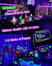 Load image into Gallery viewer, Black Lights for Glow Party! 115W Blacklight LED Strip kit. 4 UV Lights to Surround Your neon Party. Ultraviolet Lighting for Big Rooms. Easy Set up! Glow in The Dark Party Supplies. Halloween Decor.
