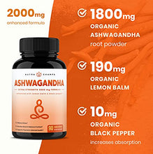 Load image into Gallery viewer, Organic Ashwagandha 2000mg with Holy Basil Leaf &amp; Black Pepper Extract - Ashwaganda Root Powder Supplement for Adrenal Fatigue, Mood &amp; Thyroid Support - 90 Vegan Capsules
