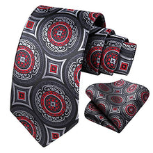 Load image into Gallery viewer, HISDERN Extra Long Floral Paisley Tie Handkerchief Men&#39;s Necktie &amp; Pocket Square Set ,Black &amp; Gray &amp; Red 2,XL, 63 inches length
