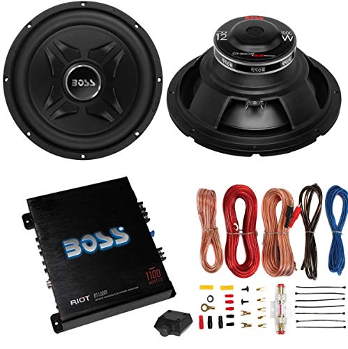 2 Boss CXX12 12-Inch 2000W Car Audio Power Subwoofer Sub and R1100M Monoblock Class A/B Riot Car Audio Amplifier and AKS8 Amplifier Installation Kit