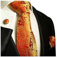 Paul Malone Necktie, Pocket Square and Cufflinks 100% Silk Gold Red Paisley