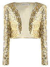 Load image into Gallery viewer, Anna-Kaci Womens Shiny Sequin Long Sleeve Glitter Cropped Blazer Bolero Shrug, Gold, Small
