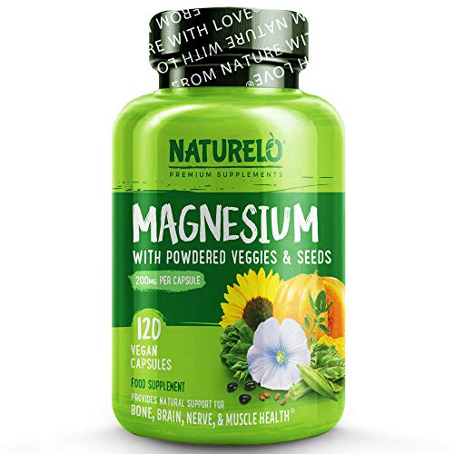 NATURELO Magnesium Glycinate Supplement - 200 mg Natural Glycinate Chelate - Organic Vegetables - Best for Sleep, Calm, Relaxation, Muscle Cramps, Stress Relief - Gluten Free, Non GMO - 120 Capsules