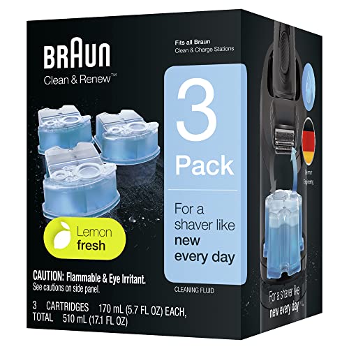 Braun Clean and Renew Electric Shaver Cleaning Cartridges, Hygienically Cleans, Removing Residual Hair & Skin Particles, 3 Pack, Lemon Fresh