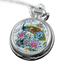 Load image into Gallery viewer, VIGOROSO Men&#39;s Pocket Watch Quartz Colorful Peacock Flowers Enamel Ceramic Smooth Silver in Gift Box
