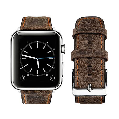 top4cus Compatible with 42mm/44mm Genuine Leather Band iwatch Strap Apple Watch Series 6 Series SE Series 5 Series 4 Series 3/2/1 and Sport Edition, Stainless Metal Clasp (42mm, Retro Brown)