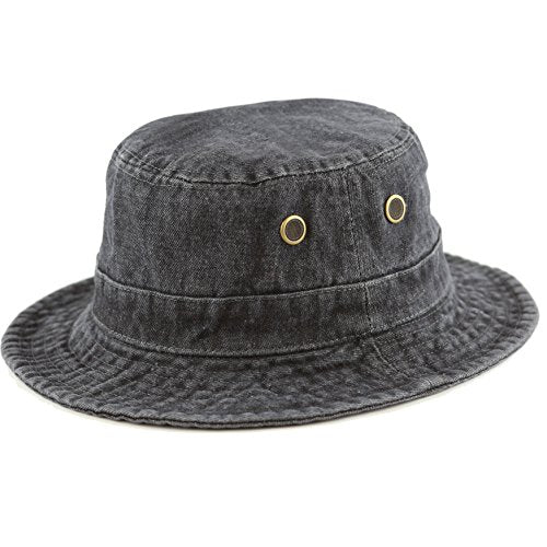 The Hat Depot Washed Cotton Denim Bucket Hat Foldable (L/XL, Black Denim)