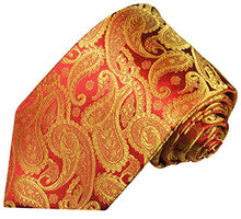 Load image into Gallery viewer, Paul Malone Necktie, Pocket Square and Cufflinks 100% Silk Gold Red Paisley

