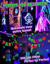 Load image into Gallery viewer, Black Lights for Glow Party! 115W Blacklight LED Strip kit. 4 UV Lights to Surround Your neon Party. Ultraviolet Lighting for Big Rooms. Easy Set up! Glow in The Dark Party Supplies. Halloween Decor.
